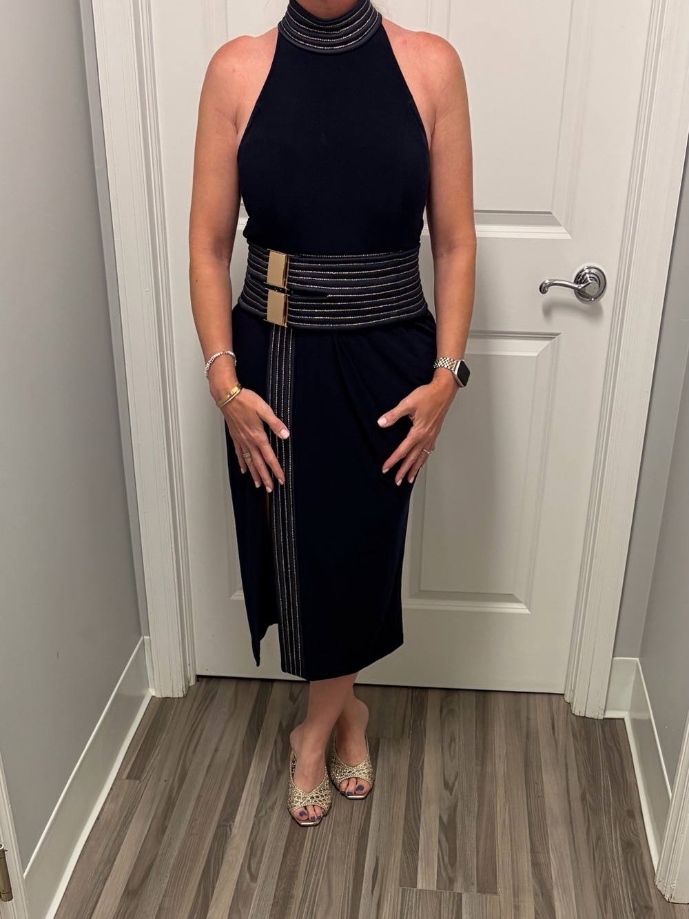 Black Halter Midi Dress with Gold-Trim Belt